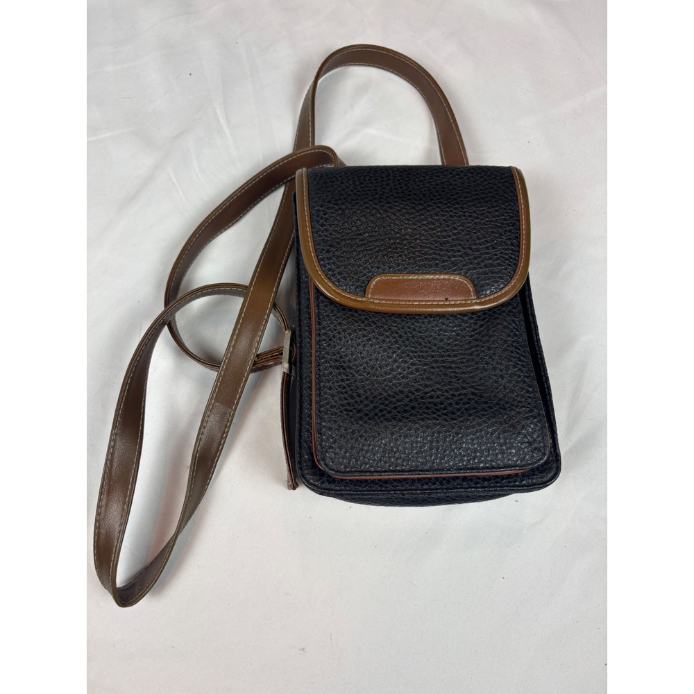 Vintage Black Pebbled Faux Leather Crossbody Bag Brown Trim Built-in Mirror